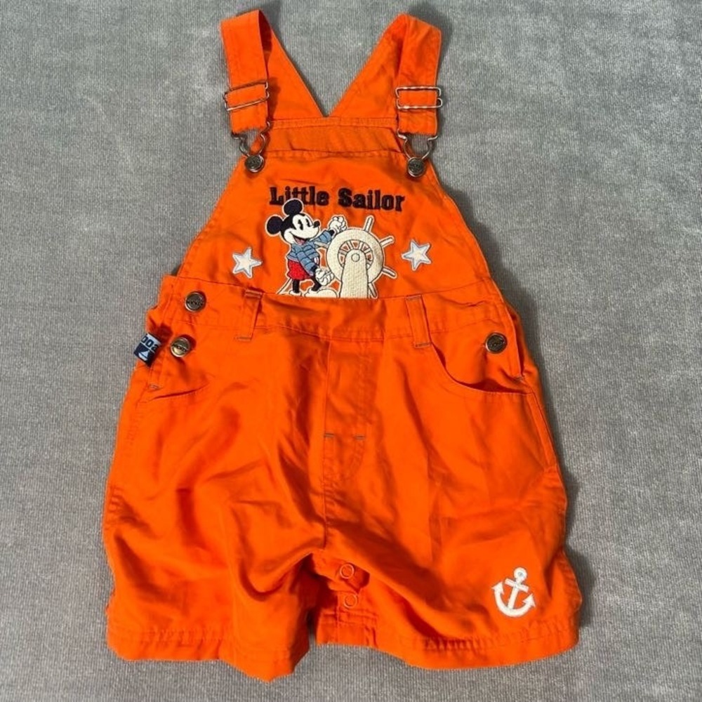 Vintage Disney Kids 24M Mickey Mouse Sailor embroidered Orange Overalls Cotton